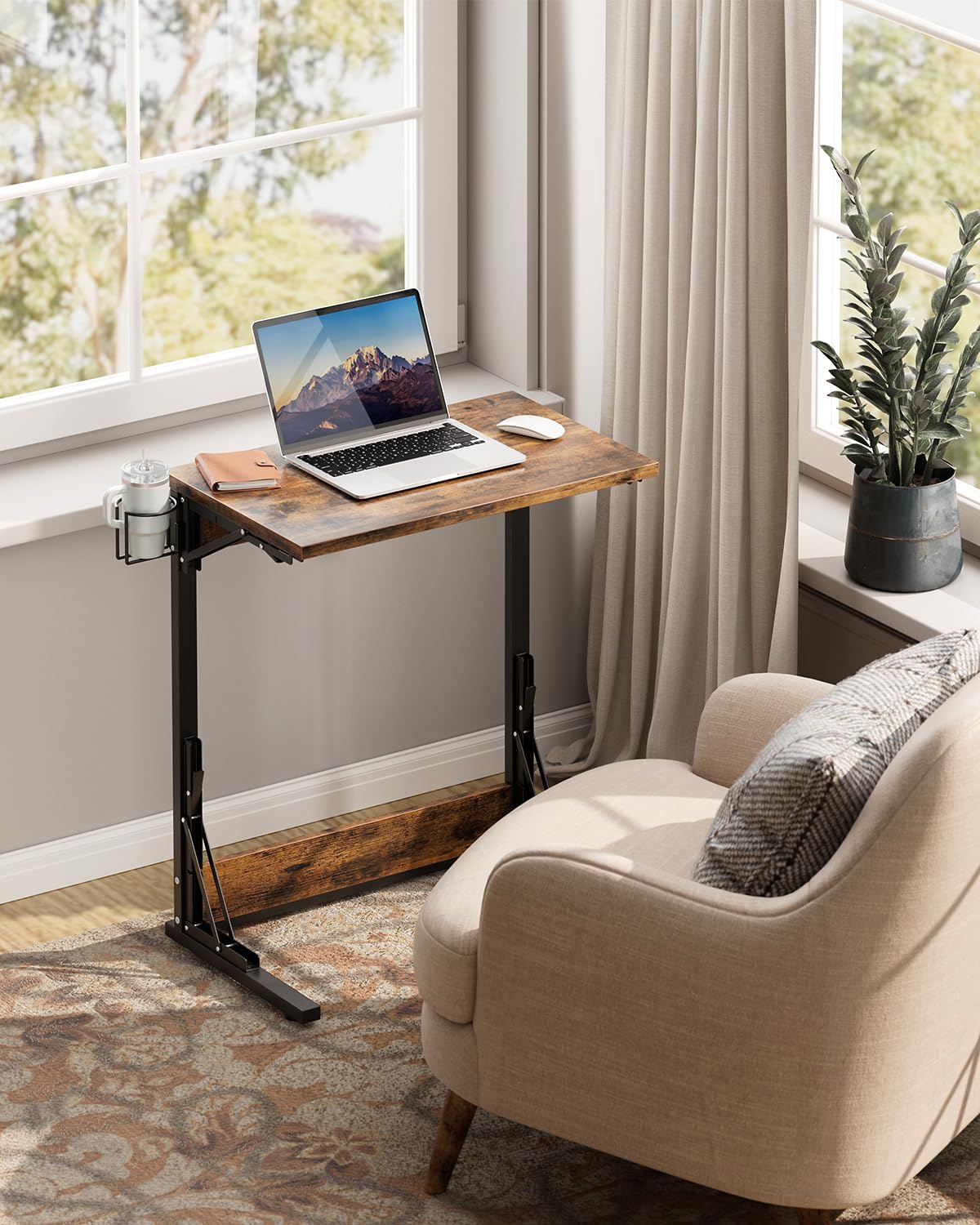 Tatub 24" Folding TV Tray Table Set of 2, Foldable C Shaped End Table for Couch, TV Dinner Tray with Cup Holder, Small Sofa-Side Laptop Desk for Living Room Bedroom,Brown