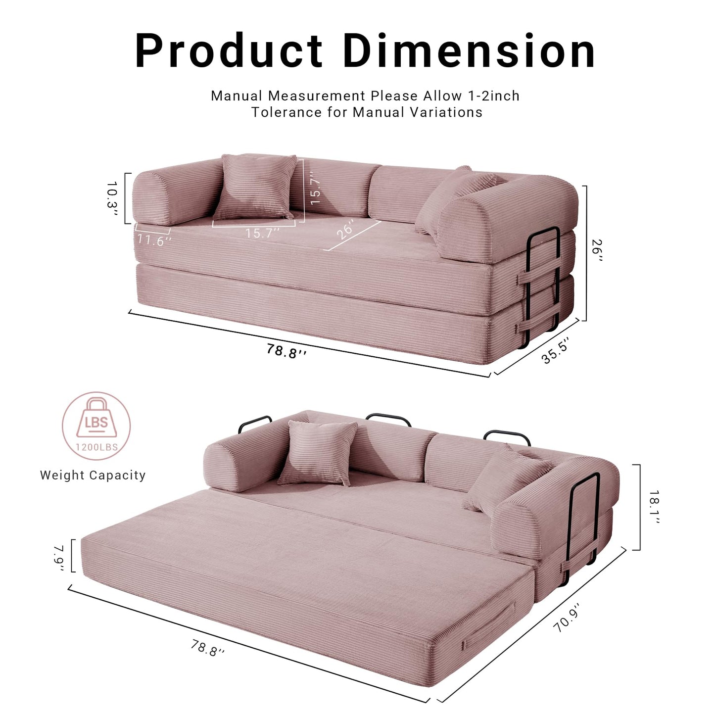NNQ Compressed Sofa - Convertible Sofa Bed, Corduroy Compression Boneless Couch in a Box, Comfy Modular Foldable Floor Sleeper Sofa for Bedroom, Living Room (Corduroy Fabric, Pink)
