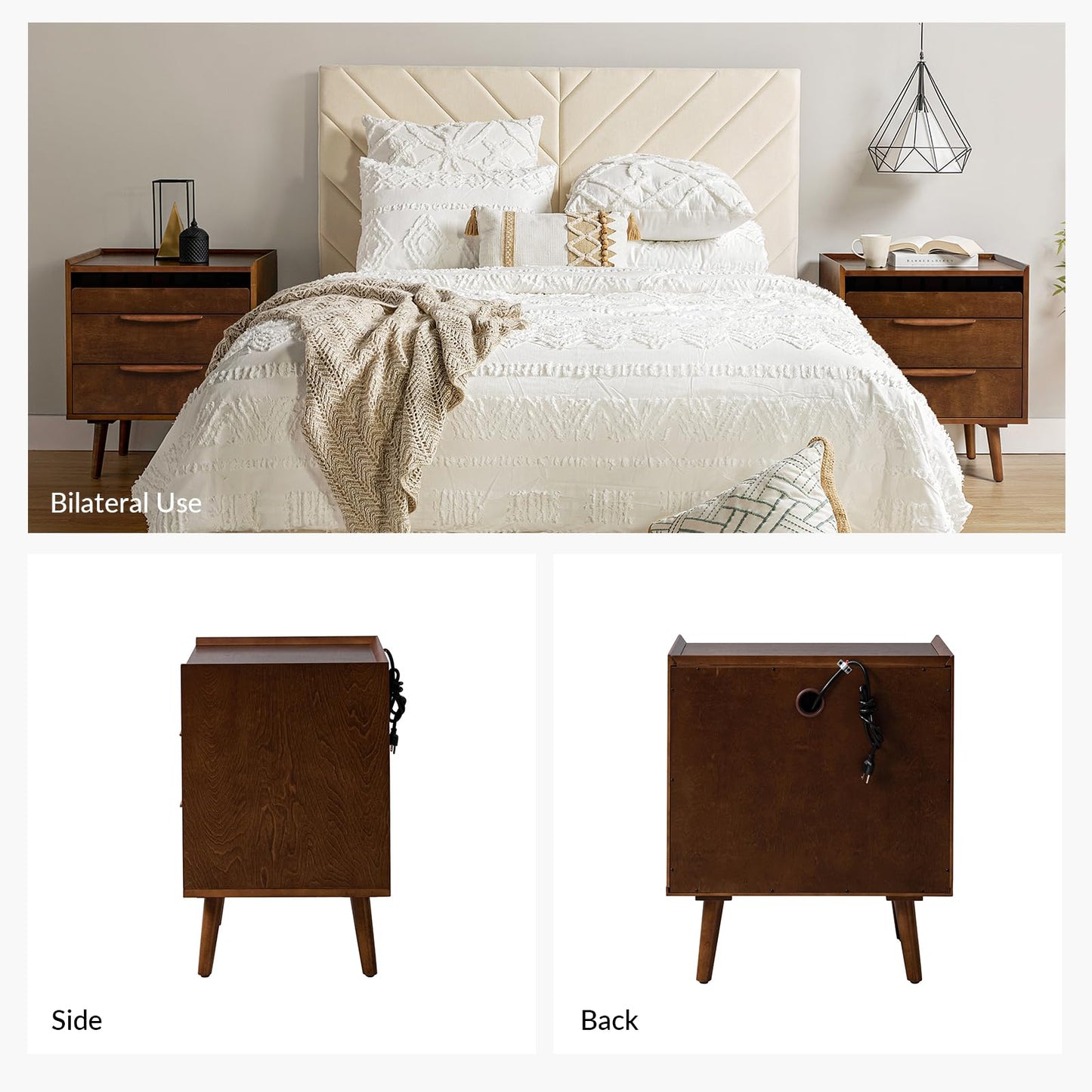 HULALA HOME 2 Drawer Nightstand with Charging Station, Mid-Century Modern Bedside Tables with Wood Legs, Wood Night Stand with Pull-Out Shelf, Walnut
