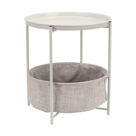 Amazon Basics Round Storage End Table, Side Table with Cloth Basket, White/Heather Gray, 17.7"L x 17.7"W x 18.9"H