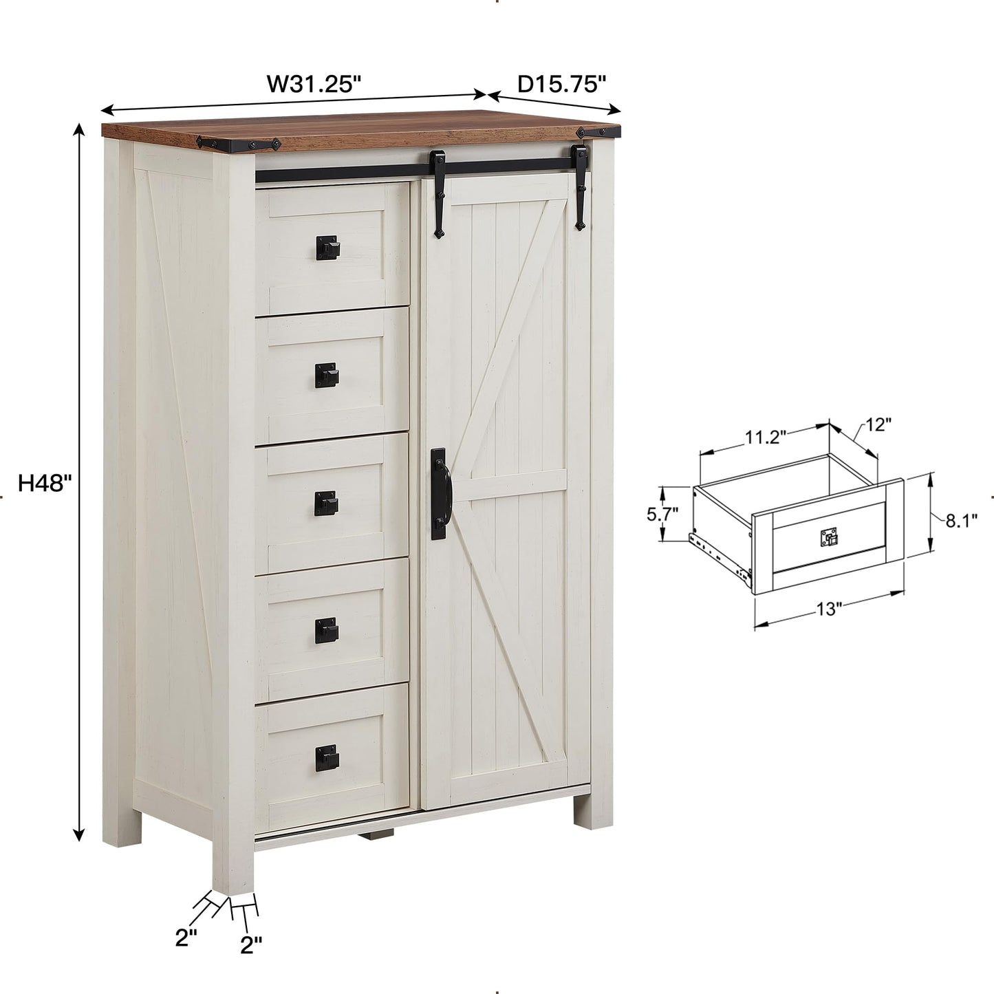 T4TREAM 5 Drawers Dresser for Bedroom w/Sliding Barn Door, Farmhouse Modern Tall Dresser 5 Chest of Drawers, Storage Organizer for Bedroom, Hallway, Living Room, Kids Room, Antique White