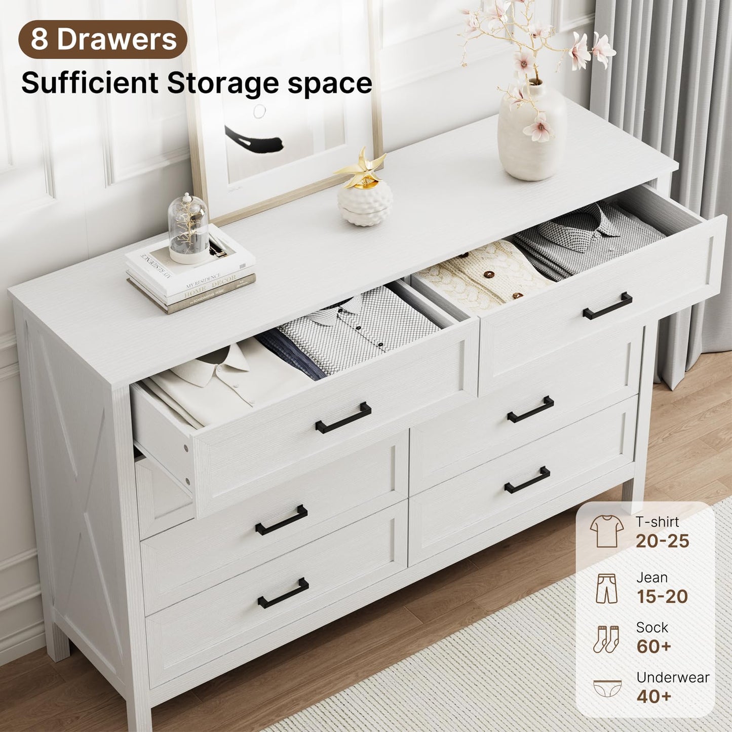 LYNSOM Farmhouse 8 Drawer Dresser for Bedroom, 55 Inch Wide Wood Rustic Chest of Drawers with X-Marking & Bar Handle, Large Storage Dressers Organizer for Bedroom, Living Room, White