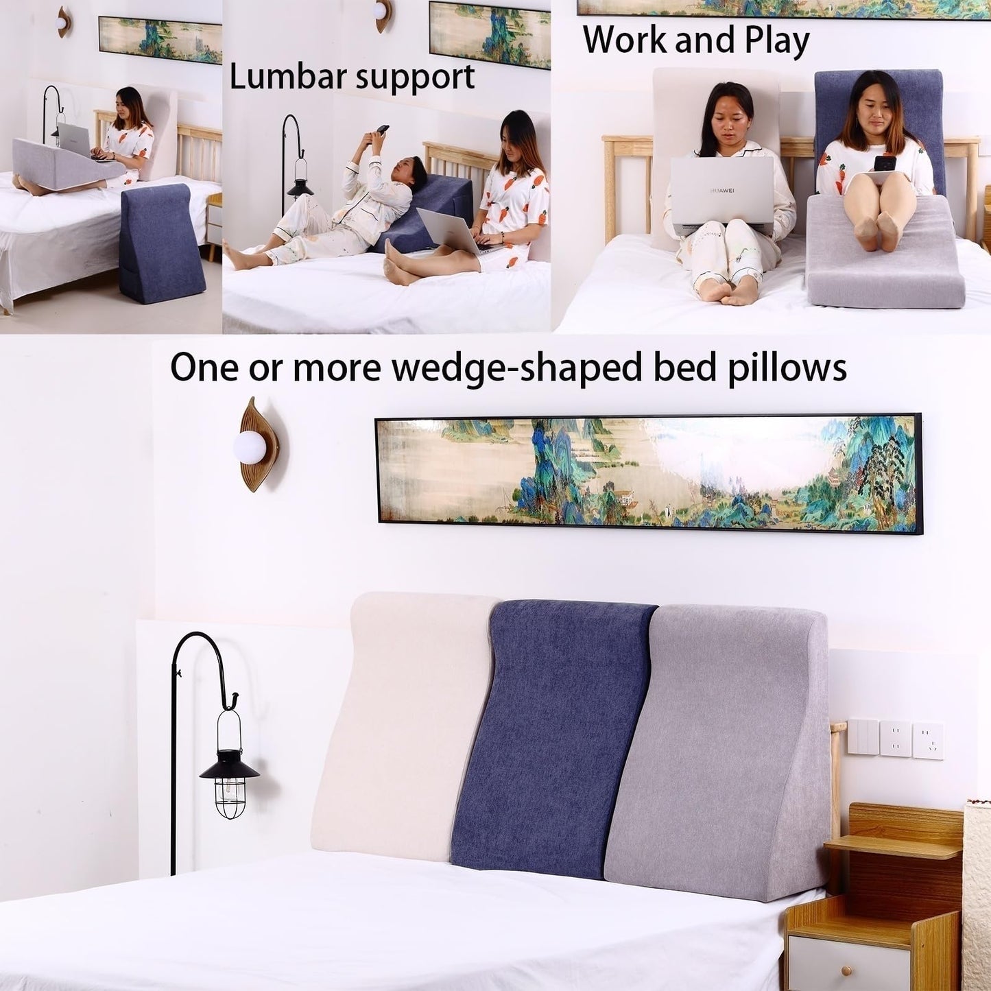 wuFQecht Bed Reading Pillow - Sofa Bed Wedge Pillow - Post-Op Recovery Backrest Pillow - Working Lumbar Support Reading Pillow with Removable Pillowcase Dark Blue 27x20x12in