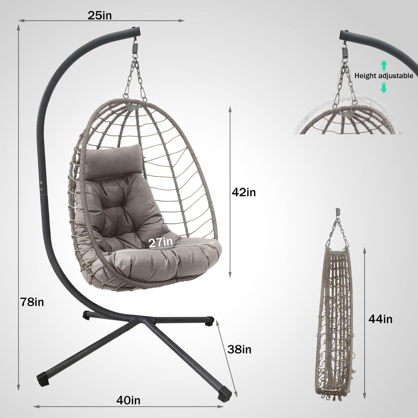 Hanging Egg Chair with Stand, Outdoor Patio Rattan Wicker Swing Egg Chair, Outdoor Indoor Hammock Chair for Porch, Living Room, Poolside and Balcony, 350LBS Capacity, Light Grey