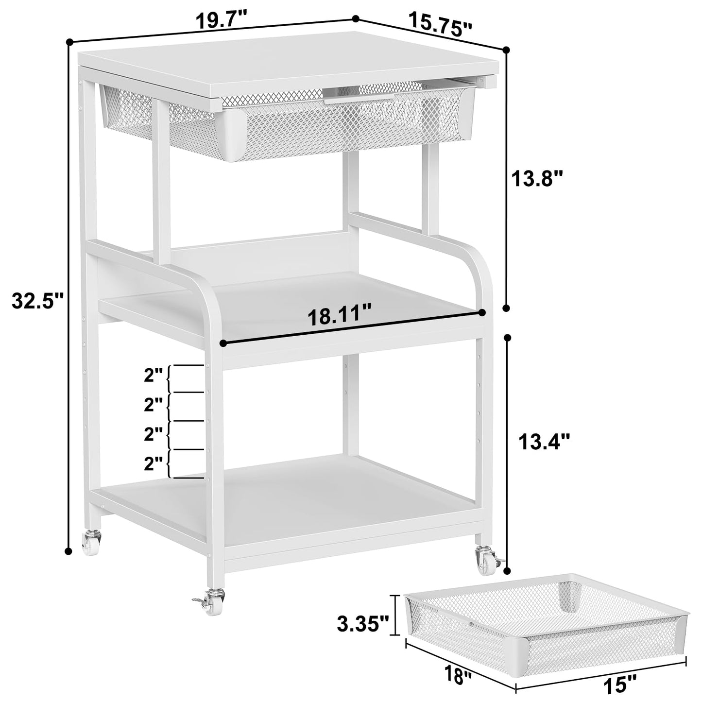 EasyCom Large 3-Tier Rolling Printer Stand with Storage Drawer & 5 Adjustable Shelves Mobile Cart with Industrial Wheels for Home Office Desk Fits 3D Printer, Scanner, and Fax White
