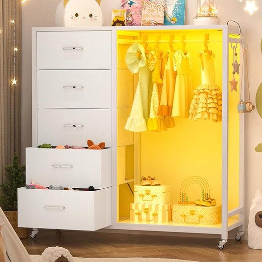 Cyclysio 5 Drawers Dresser with Charging Station & LED Lights, Chest of Drawers with Lockable Wheels, Storage Shelves, Bedroom, Closet, Entryway