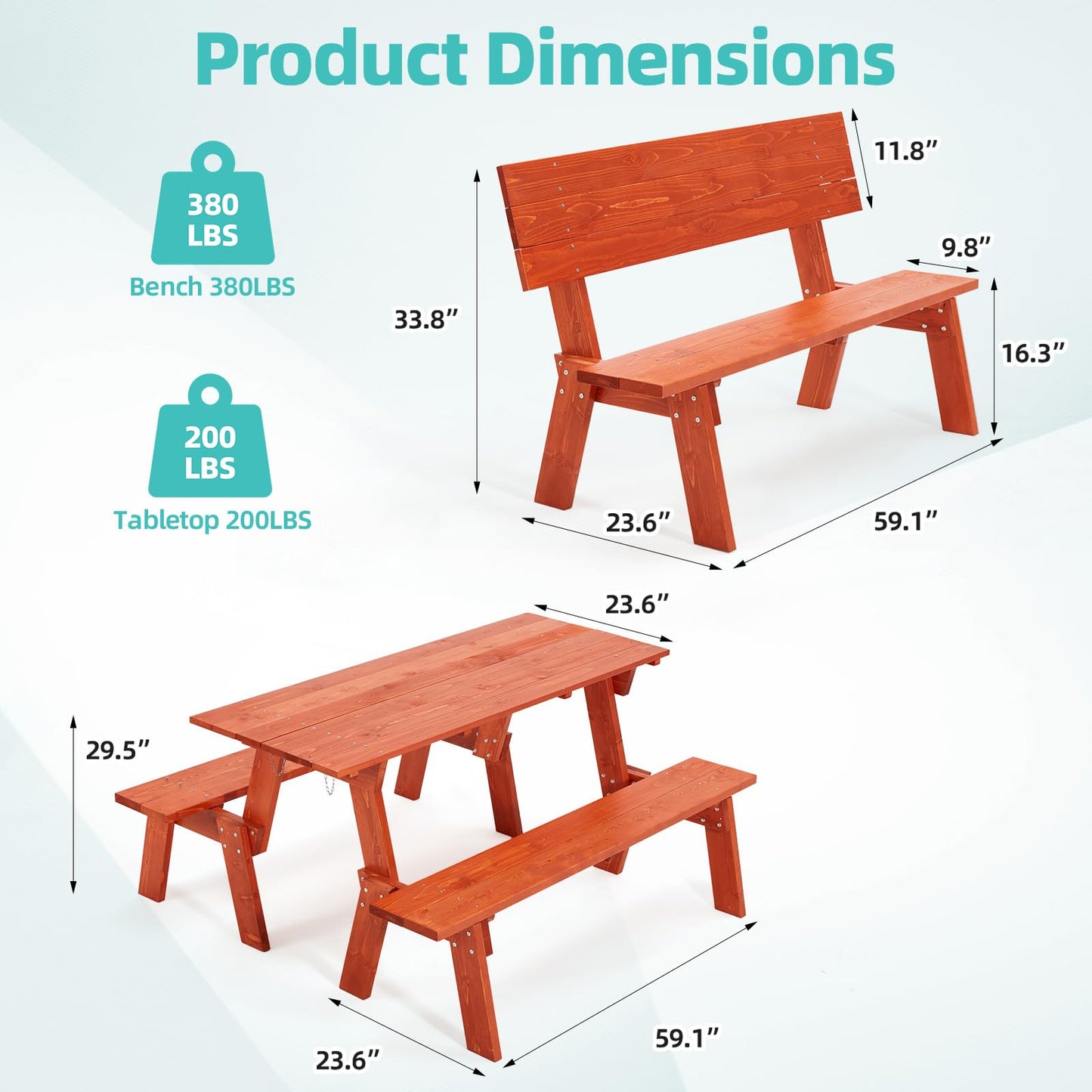 ECOTOUGE Wood Picnic Table Bench Set, All-Weather Patio 2-in-1 Convertible Dining Benches w/Heavy Duty Wooden Frame for 6-8 Adults, 5 Feet, Red