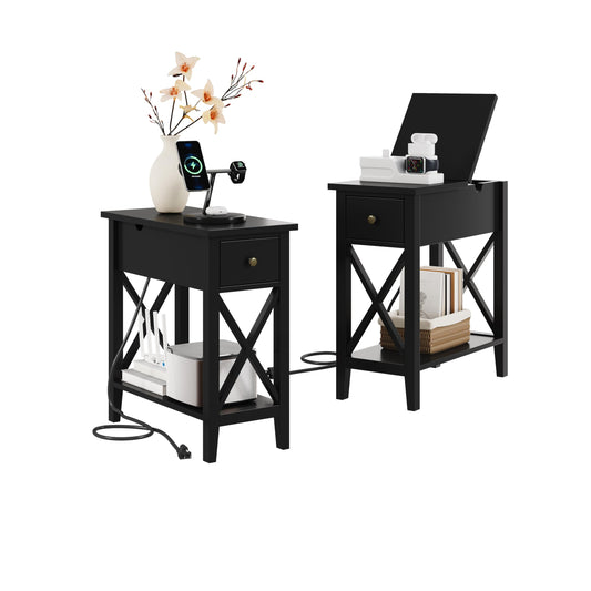 ChooChoo End Table Set of 2 with Charging Station, Narrow End Table with USB Ports and Outlets, Small Side Table Nightstand with Drawer for Living Room, Bedroom, Black