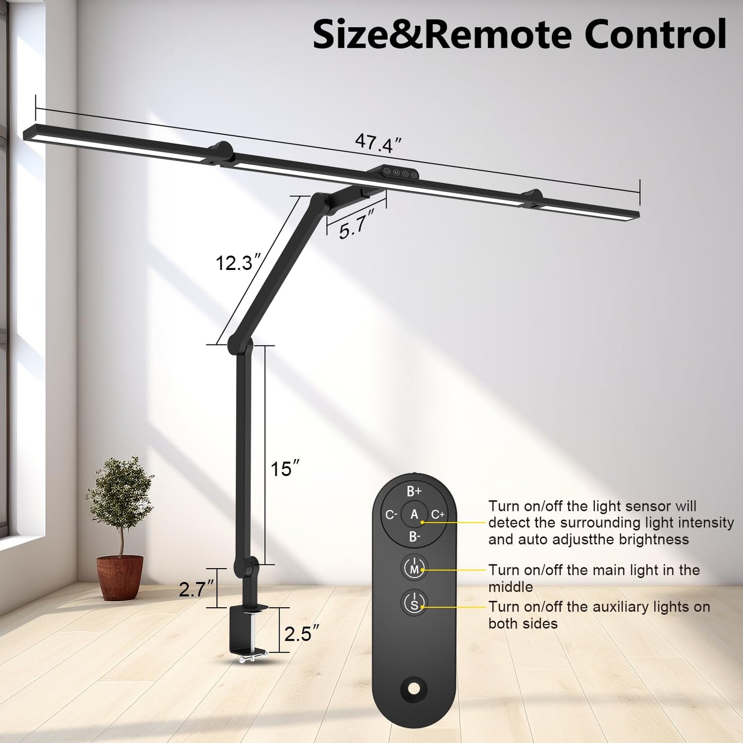 3000 Lumen Ultra Bright Architect Desk Lamp with Clamp, 36W Tall Overhead Led Desk Light for Home Office, 47Inch Long Dimmable Computer Monitor Light Bar with Remote for Table Desktop Drafting