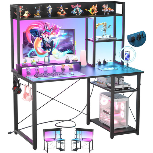 Cyclysio Gaming Desk with Hutch, 39'' Computer Desk with LED Lights & Power Outlets, Home Office Desk with Reversible 5 Tiers Storage Shelves & Monitor Stand, Small Gaming Table for Small Space, Black