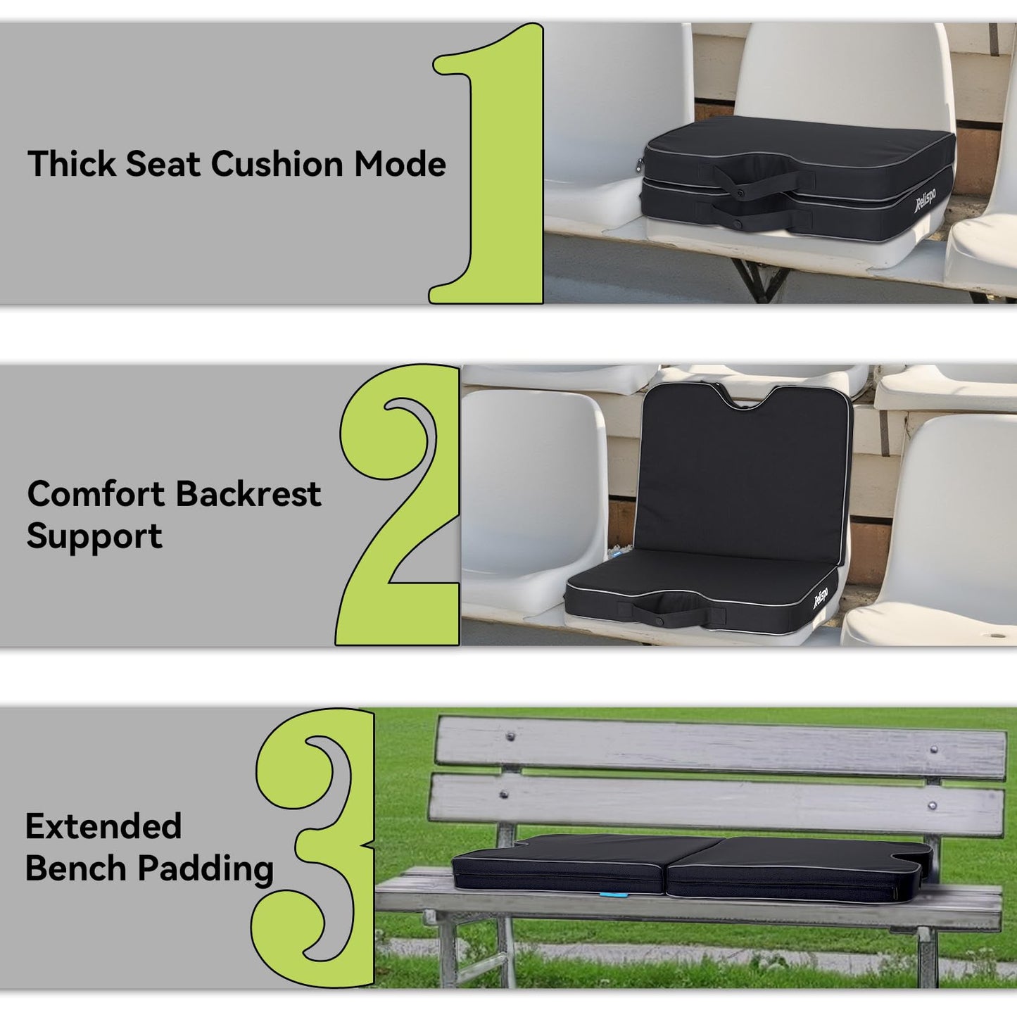 Relispo 3-in-1 Stadium Seat Cushion, Premium Memory Foam & High-Density Foam Bleacher Cushion, Anti-Slip Waterproof Portable Stadium Cushion for Bleachers, Sports Events, Camping (2 Packs)