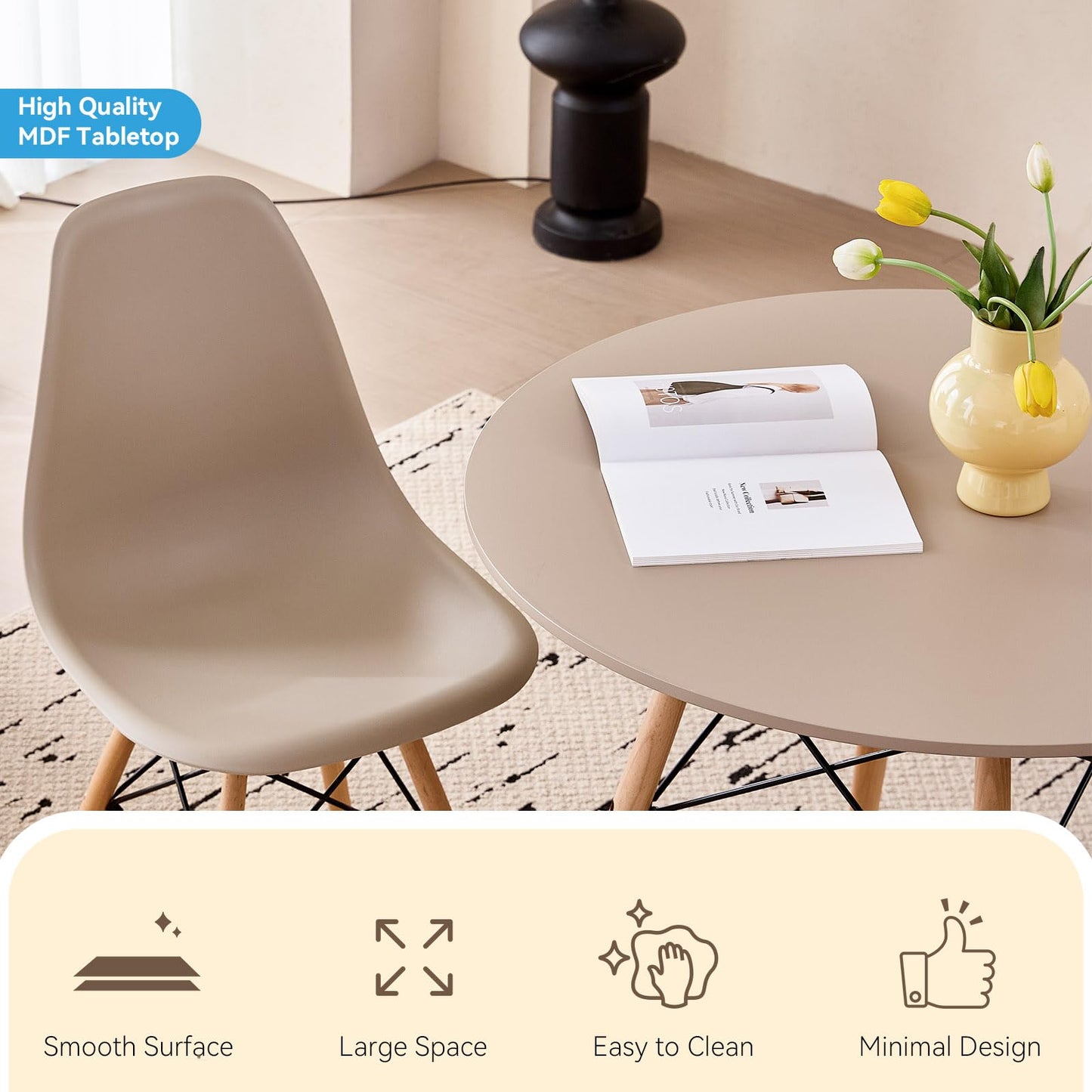 Lecafur HL 5-Piece Round Dining Table Set, Small 35.5" Kitchen Table Chairs Set of 4 Space Saving Furniture, Plastic Seats, Solid Wood Legs, for Living Room Apartment Office Home, Sand