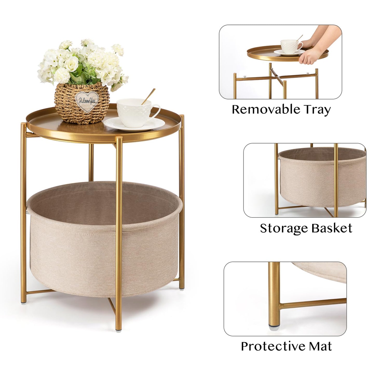 danpinera Round Side Table with Fabric Storage Basket, Metal Side Small Bedside Table Nightstand with Removable Tray Top for Living Room, Bedroom, Nursery, Laundry, Gold