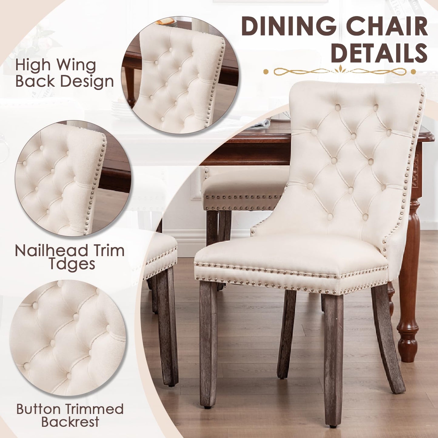 Kiztir Velvet Dining Chairs Set of 4, Upholstered Dining Room Chairs with Ring Pull Trim and Button Back, Luxury Tufted Dining Chair for Living Room, Bedroom, Kitchen (Beige)