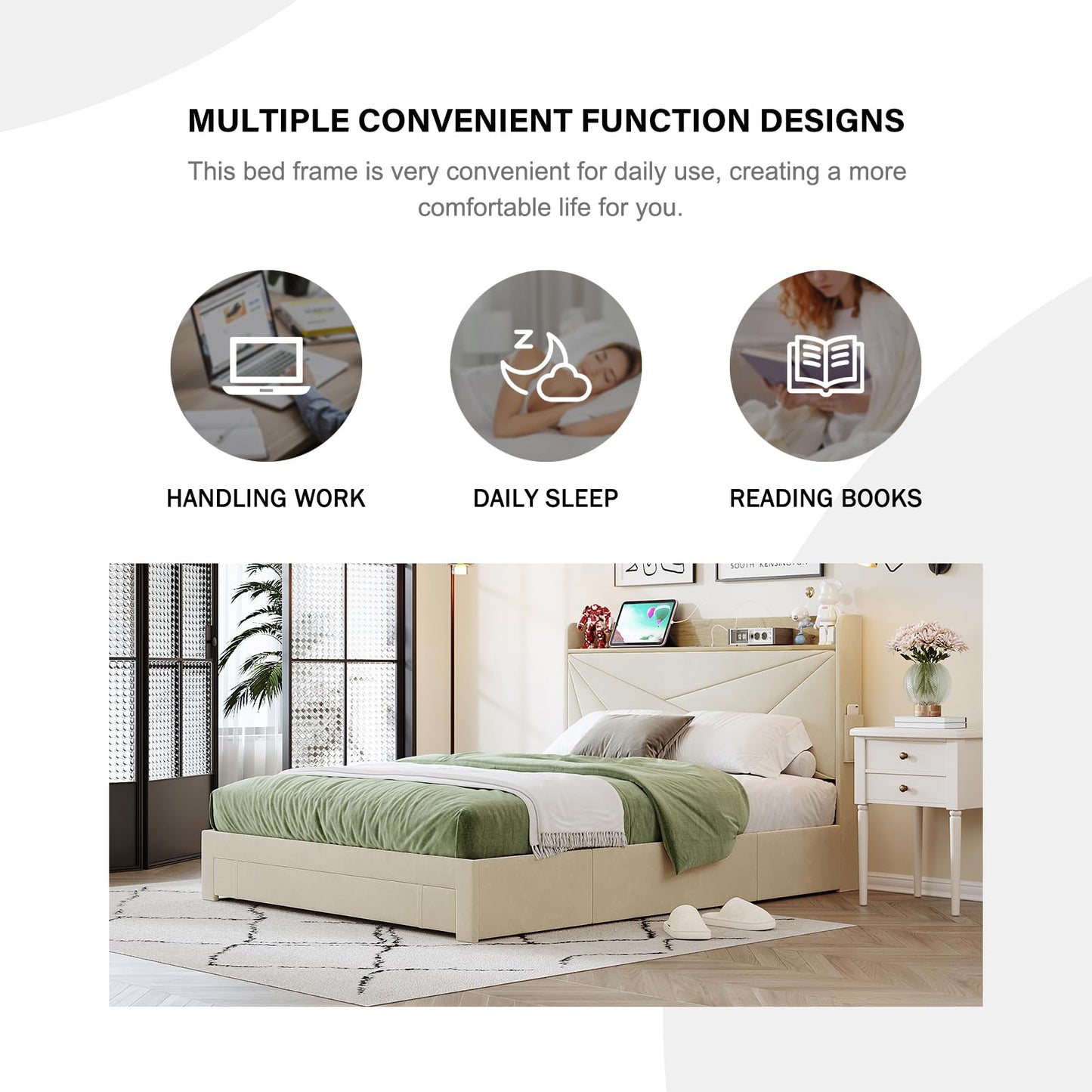 Ugijei King Size Bed Frame with Headboard & Charging Station, Upholstered Platform Bed Frame King Size with 3 Storage Drawers, No Box Spring Needed, Easy Assembly, Cream