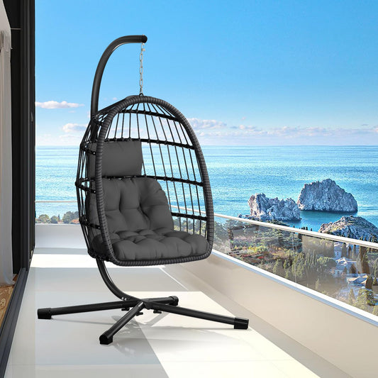 CHABATREE Egg Chair with Stand,Patio Rattan Wicker Hanging Swing Egg Chair Hammock Chair for Bedroom Porch Garden,Thickened Aluminum Alloy Steel Frame and UV Resistant Cushion,350LBS Capacity