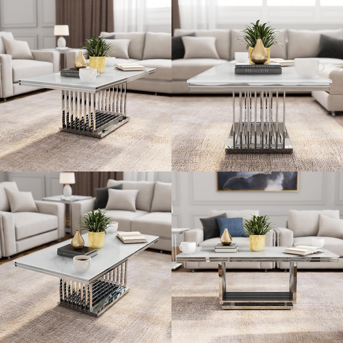 AUZ Silver Coffee Table, 50" White Glass Coffee Table for Living Room, Modern Rectangular Center Table with Gorgeous Mirrored Stainless Steel Base