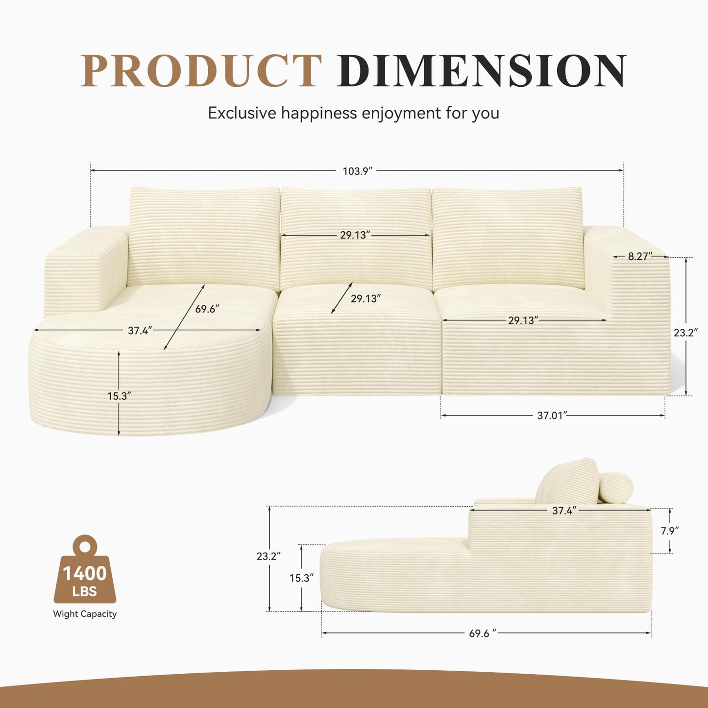 Modular Sectional Sofa with L-Shape Chaise,Cloud Sectional Modern Sleeper Couch with Deep Seat,Sponge Compression Sofas No Assembly Required (Beige-Corduroy Fabric)