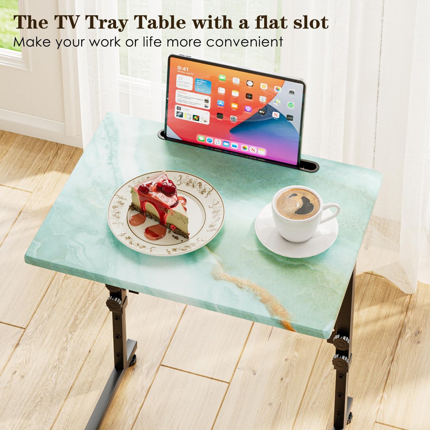 Fleecy day Folding TV Tray Table,Adjustable TV Dinner Table with Sturdy MDF Top,Eating Trays for Living Room with No Assembly Required (Sea Blue)