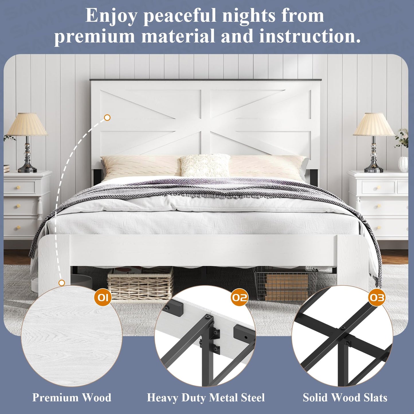 SAMTRA Wooden Bed Frame Queen Size with Headboard, Farmhouse Platform Bedframe with Wood Slat Support, Sturdy Framework Bed Frame, Easy Assembly (Rustic White)