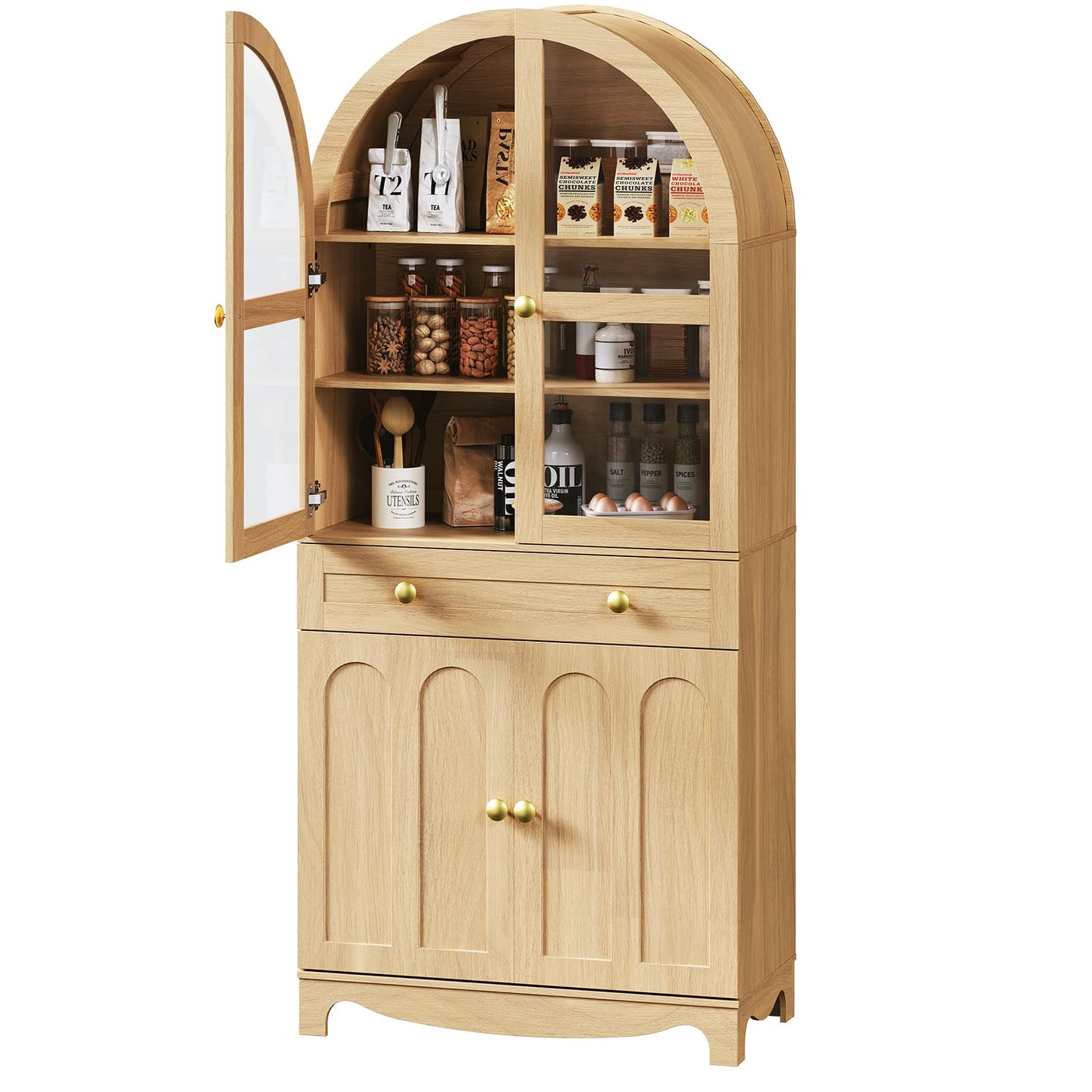 HOOBRO Arched Kitchen Pantry Cabinet, 71" Tall Pantry Cabinet with Drawer, Glass Door and Adjustable Shelves, Farmhouse Kitchen Storage Cabinet, for Living Room, Dining Room, Natural NL63PC01