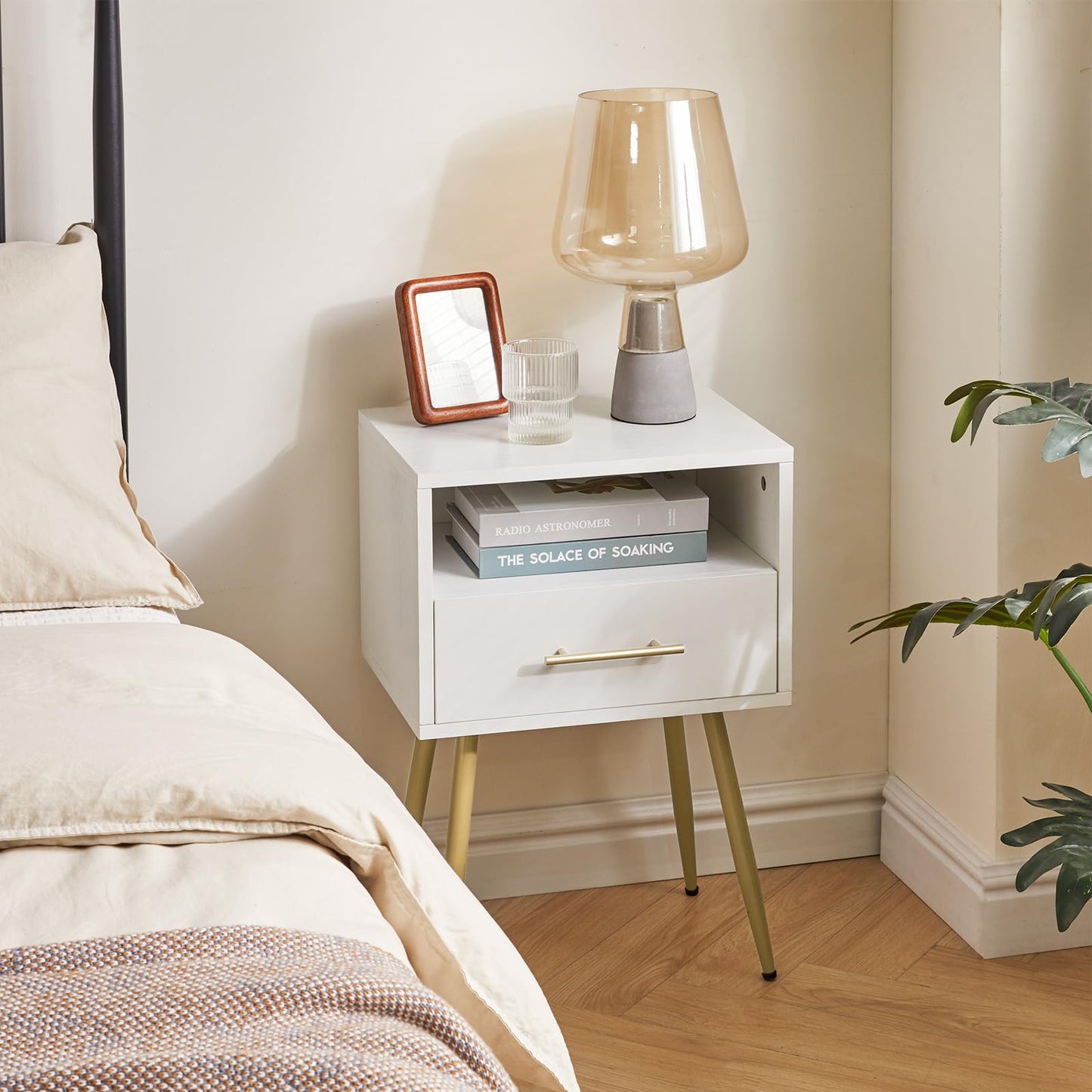 IBUYKE Nightstand, Mid Century Modern Night Stand, Bedside Table with Drawers and Open Storage Shelf, End Side Table with Metal Legs, for Bedroom, Small Spaces, White UWNS004W