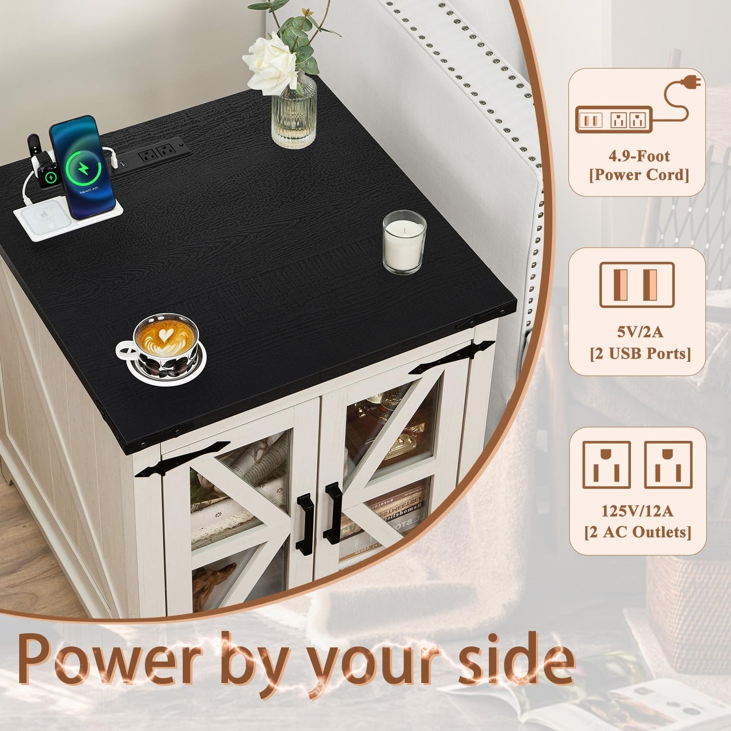 Farmhouse Coffee Table Sets 3 Pieces, Large End Side Tables with Charging Station and Coffee Table with Hidden Storage Compartment, White Living Room Table Set, Wood Furniture Sets for Home Office