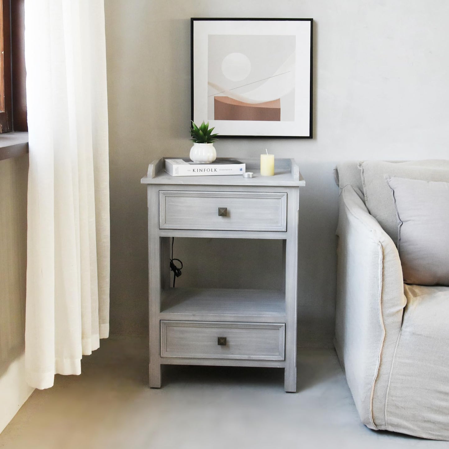 Light Gray Wooden Side Table. with 2 Drawers and an Open Shelf, USB Charging Ports Included. Ideal for Living Rooms by Sofas Or Bedrooms Near Beds for Storage and Convenience (Gray)