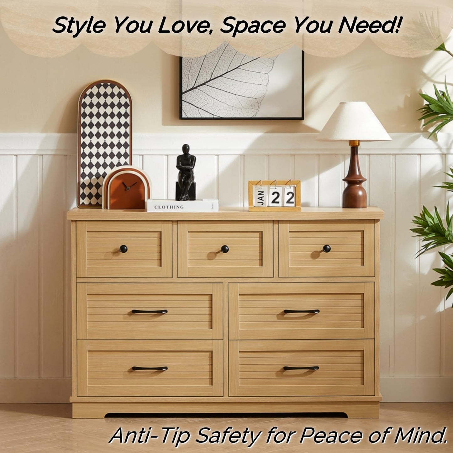 SILUMIN Dresser for Bedroom with 7 Drawers, Wide Wood Chest of Drawers, 47" Dresser Storage Organizer, Modern Wooden Dressers for Bedroom, Living Room, Hallway, TV Stand, Office & Entryway