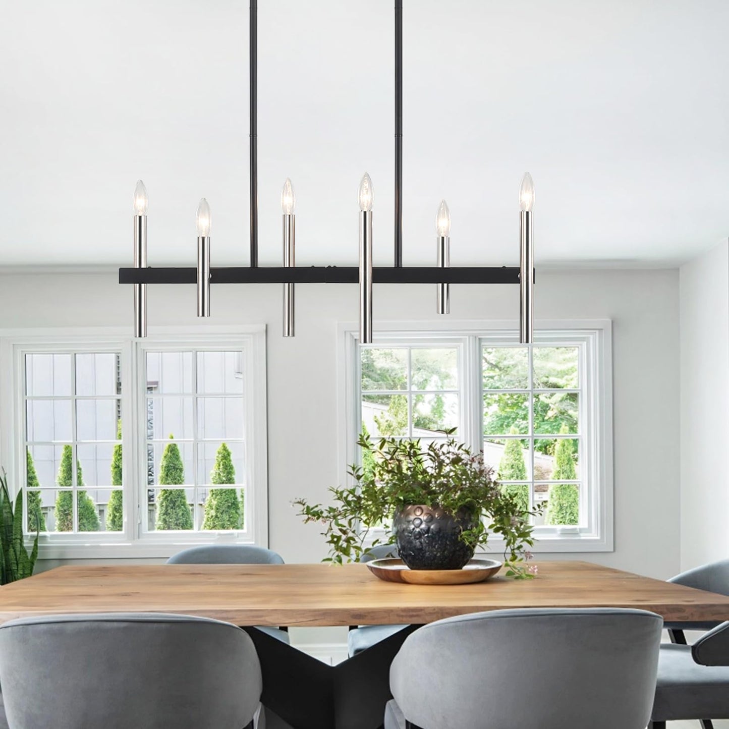 Modern Kitchen Island Pendant Light Fixtures 6-Light Black and Brushed Nickel Linear Chandeliers for Dining Room Chandelier Farmhouse Island Lights for Kitchen Table Living Room Bedroom Entryway