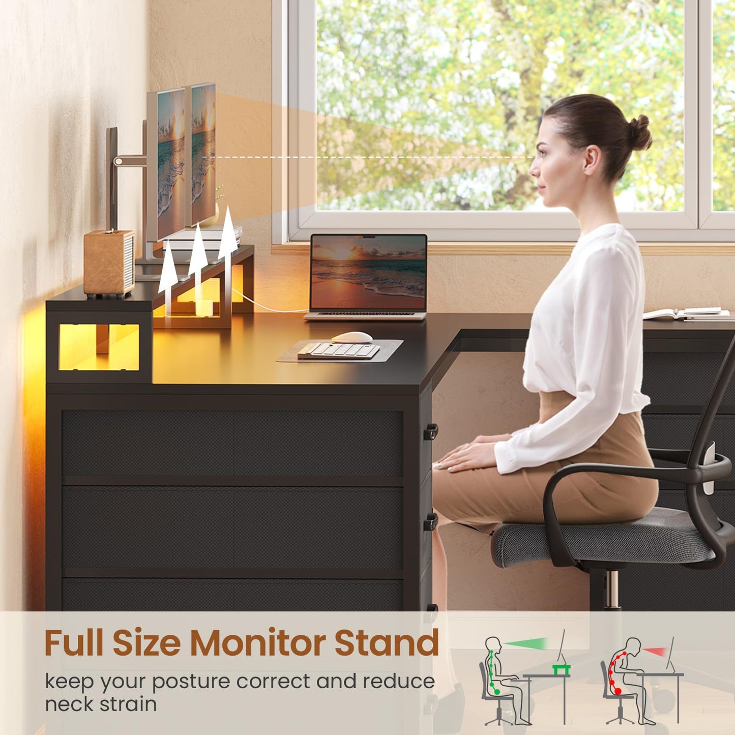 SEDETA L Shaped Gaming Desk, Reversible 58" Small Computer Desk with 7 Drawers and Power Outlet, Corner Gaming Desk with LED Lights for Small Space, Black