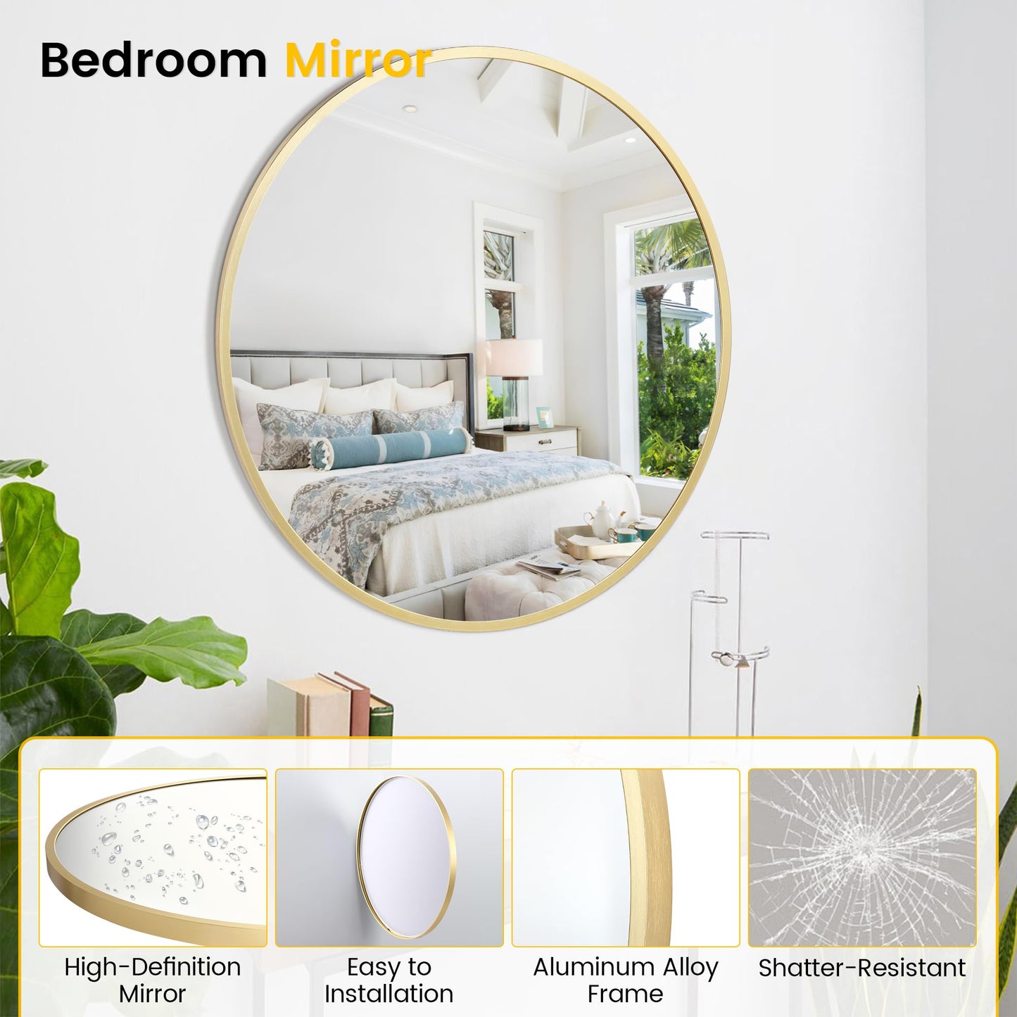 GarveeHome Large Round Mirror for Wall, 36 Inch Large Aluminum Alloy Frame Circle Mirror, High Definition Eco-Friendly Gold Round Bathroom Mirror for Over Sink, Wall Mirror for Entryway, Bathroom