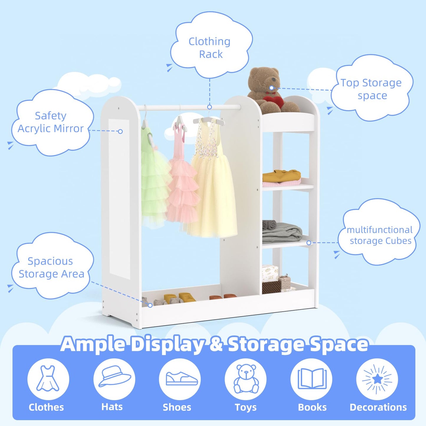 Glaf Kids Dress up Storage with Full Length Mirror, Kid Wardrobe Closet with 3-Tier Shelve, Clothes Rack and Bottom Tray, Opening Hanging Kids Armoire Baby Closet for Nursery & Kids Room (White)