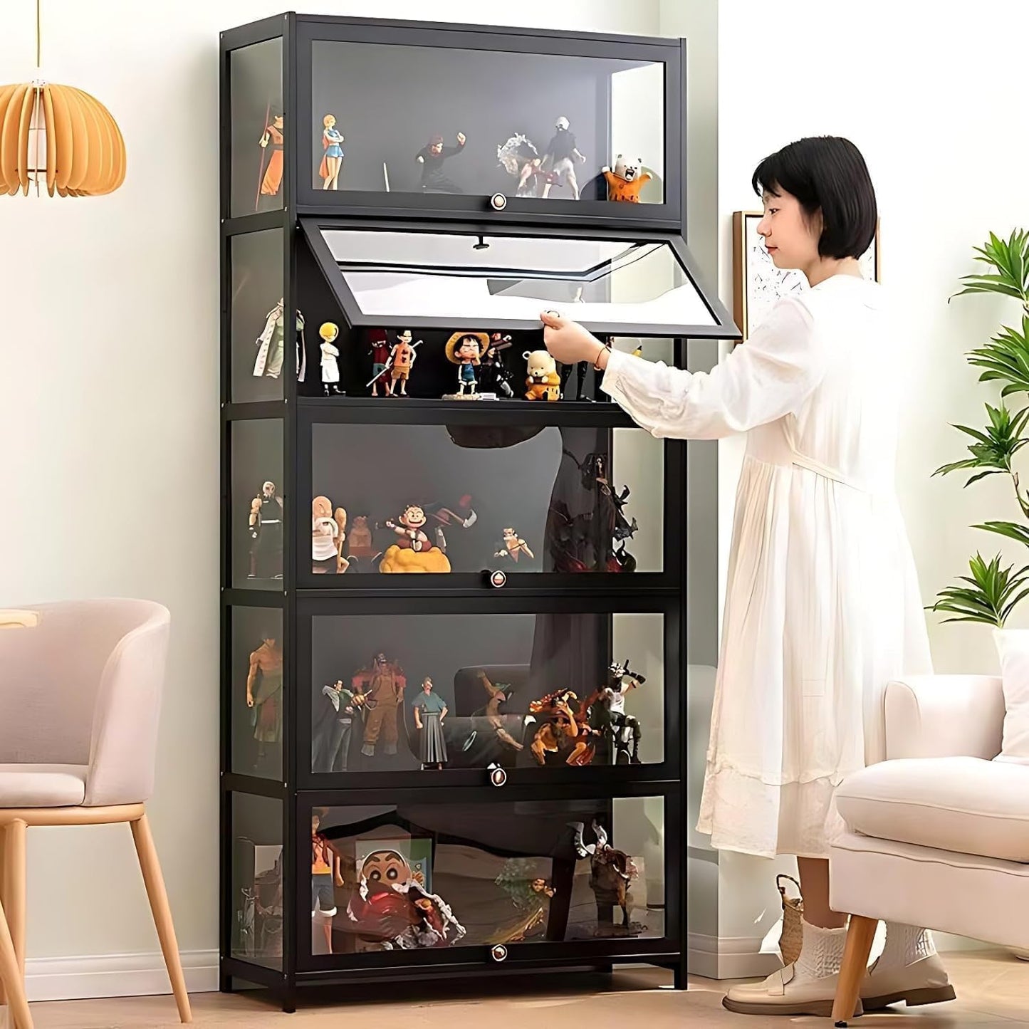 QOEUDD Curio Display Cabinet with Acrylic Glass Door, 5-Tier Display Case, Curio Cabinet & Bookcase for Collectibles, Display Shelf for Home, Reading Nook, Playroom, Living Room