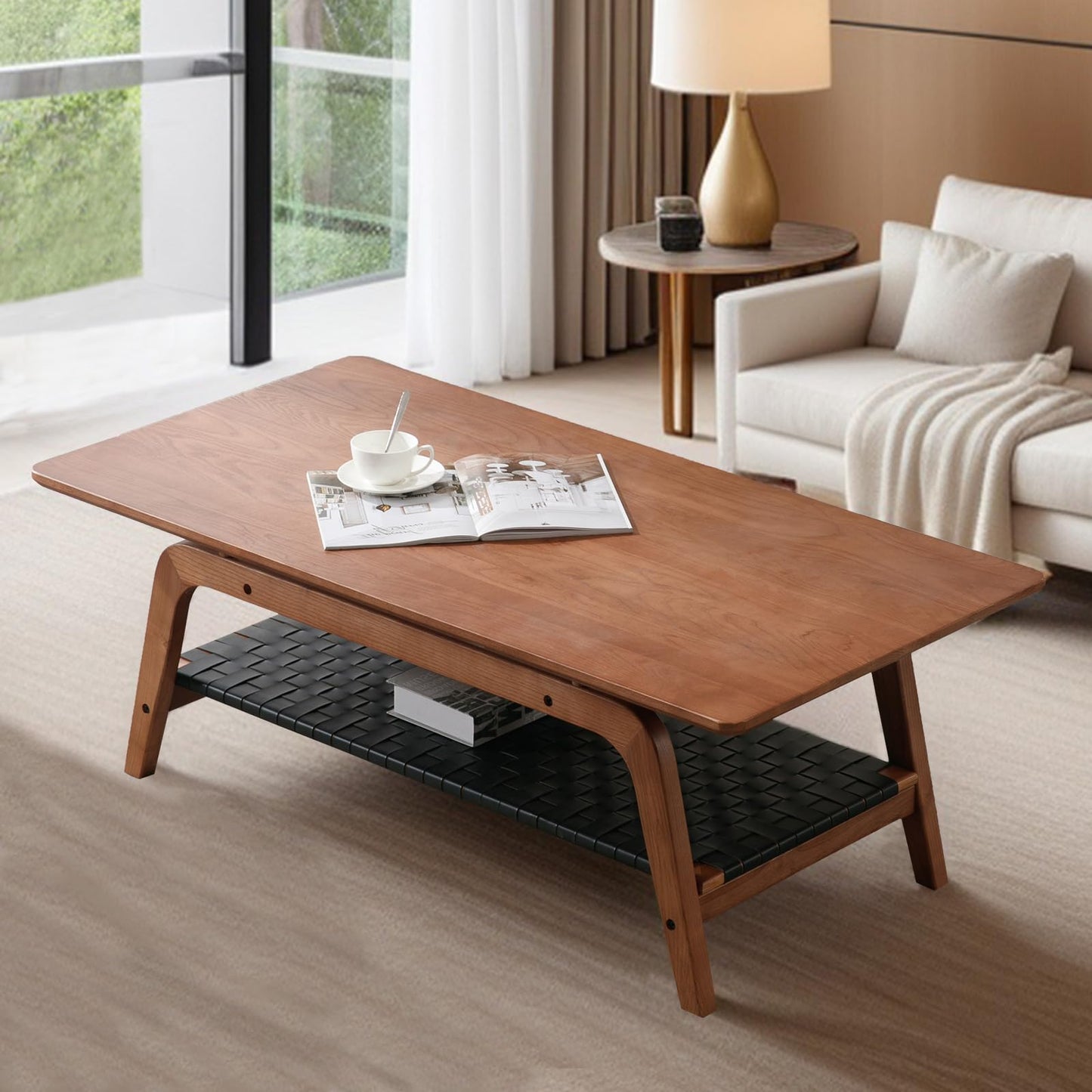 Solid Wood Coffee Table for Living Room, 47” Mid Century Modern 2-Tier Storage Coffee Table Rectangular Coffee Tables with Faux Leather Shelf Storage for Office Apartment, Walnut
