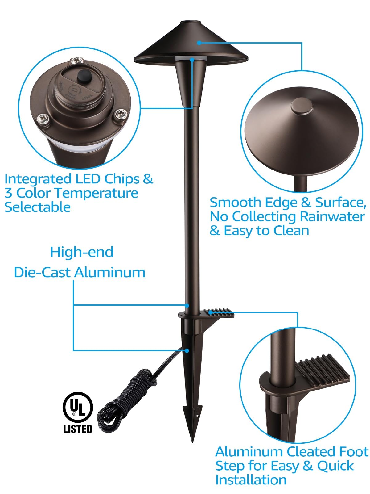 LEONLITE 3CCT Low Voltage Pathway Lights, LED Landscape Path Lights, 3000K/4000K/5000K, Flat Cone Head, 12-24V AC/DC, IP65 Outdoor Walkway Light, Oil Rubbed Bronze Aluminum, Pack of 6
