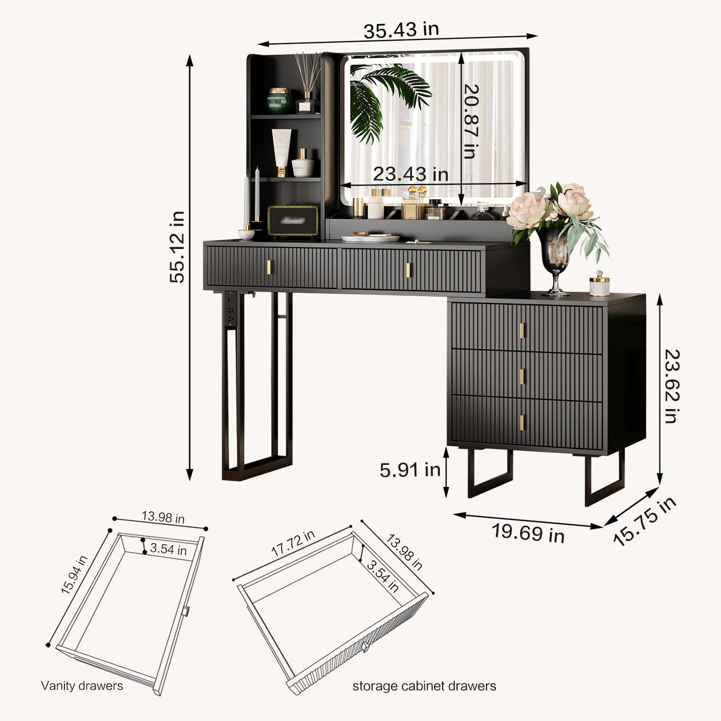 Large Vanity Desk with 3 Color Touch Screen Dimming Mirror, Vanity Desk with Charging Station, Modern Retractable Makeup Dressing Table, Makeup Table With storage shelves and 5 Sliding Drawers, Black