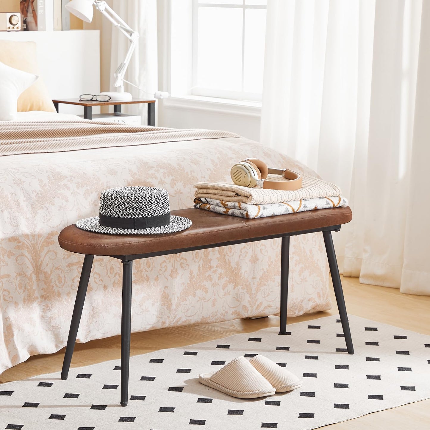HOOBRO Dining Bench, Dining Room Bench, Upholstered Bench, with PU Leather Padded Seat, Steel Frame, Easy to Assemble, for Kitchen, Dining Room, Hallway, Bedroom, Entryway, Brown and Black CB100CD01