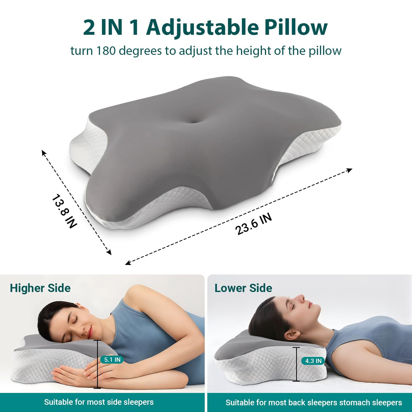 Cervical Pillow for Neck and Shoulder Pain Relief, Ergonomic Side Sleeper Pillow for Back Stomach Sleeping, Memory Foam Contour Neck Support Pillows with Cooling Pillowcase (Grey)