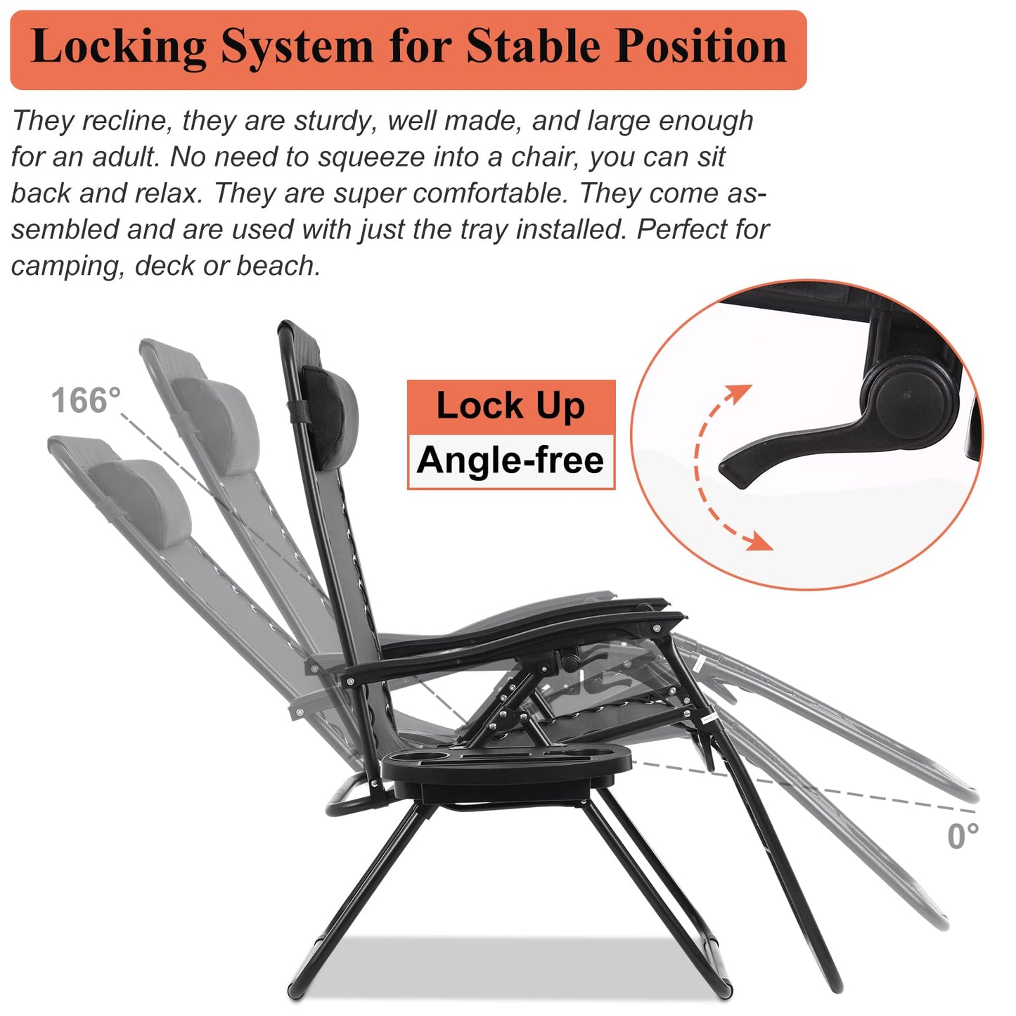 Pazidom Zero Gravity Chair Set of 2, Folding Lounge Chair Adjustable Reclining Chair Camping Lawn Chair w/Pillow and Cup Holder Tray, Folding Chair Outdoor Chair - Comfortable & Breathable, Black