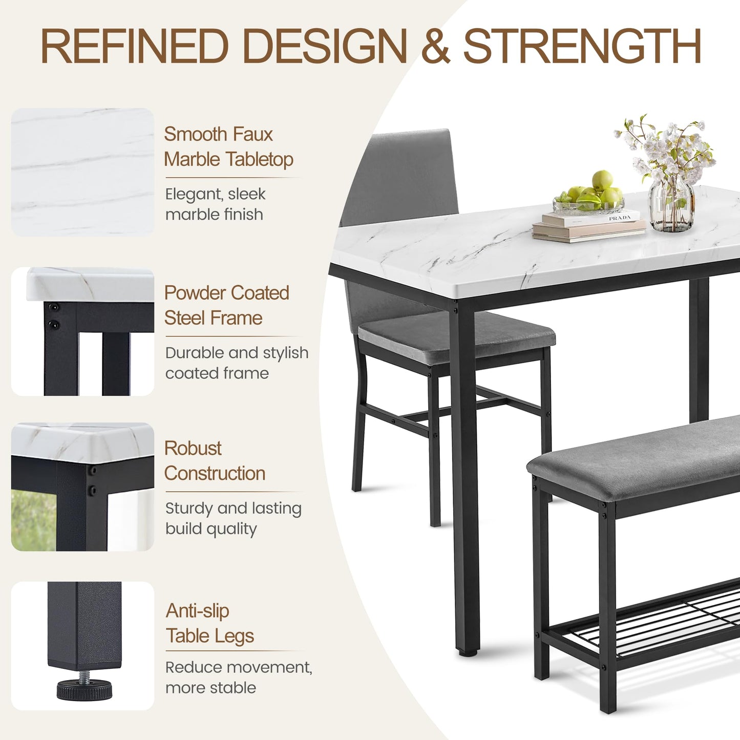 COCLUB Dining Table Set for 4, 47.2" Faux Marble Kitchen Table Set with Upholstered Velvet Chairs and Bench, 4-Person Rectangular Space Saving Dinette Set for Apartment, Restaurant, Home (Gray)