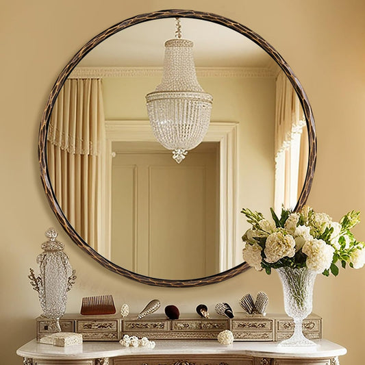 ANDY STAR Hand-Forged Bronze Round Bathroom Mirror, 30 Inch Antique Vanity Circular Mirror, Stainless Steel Rounded Mirrors for Wall Decor, Washroom, Entry, Fireplace