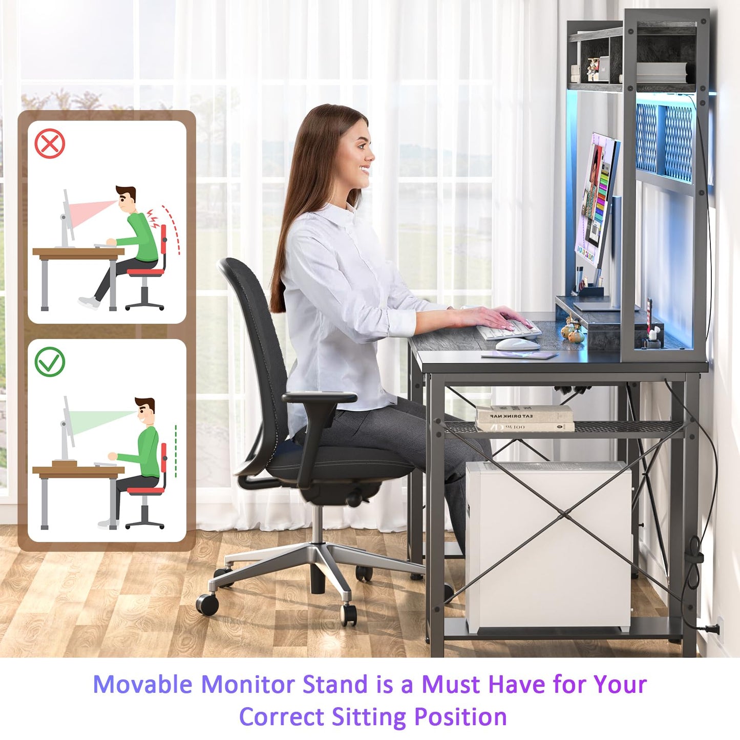 Armocity 2024 Upgrade Gaming Desk with Hutch, 48'' Magic Computer Desk with LED and Outlets, Reversible Workstation Desk with Pegboard, Grey/Black