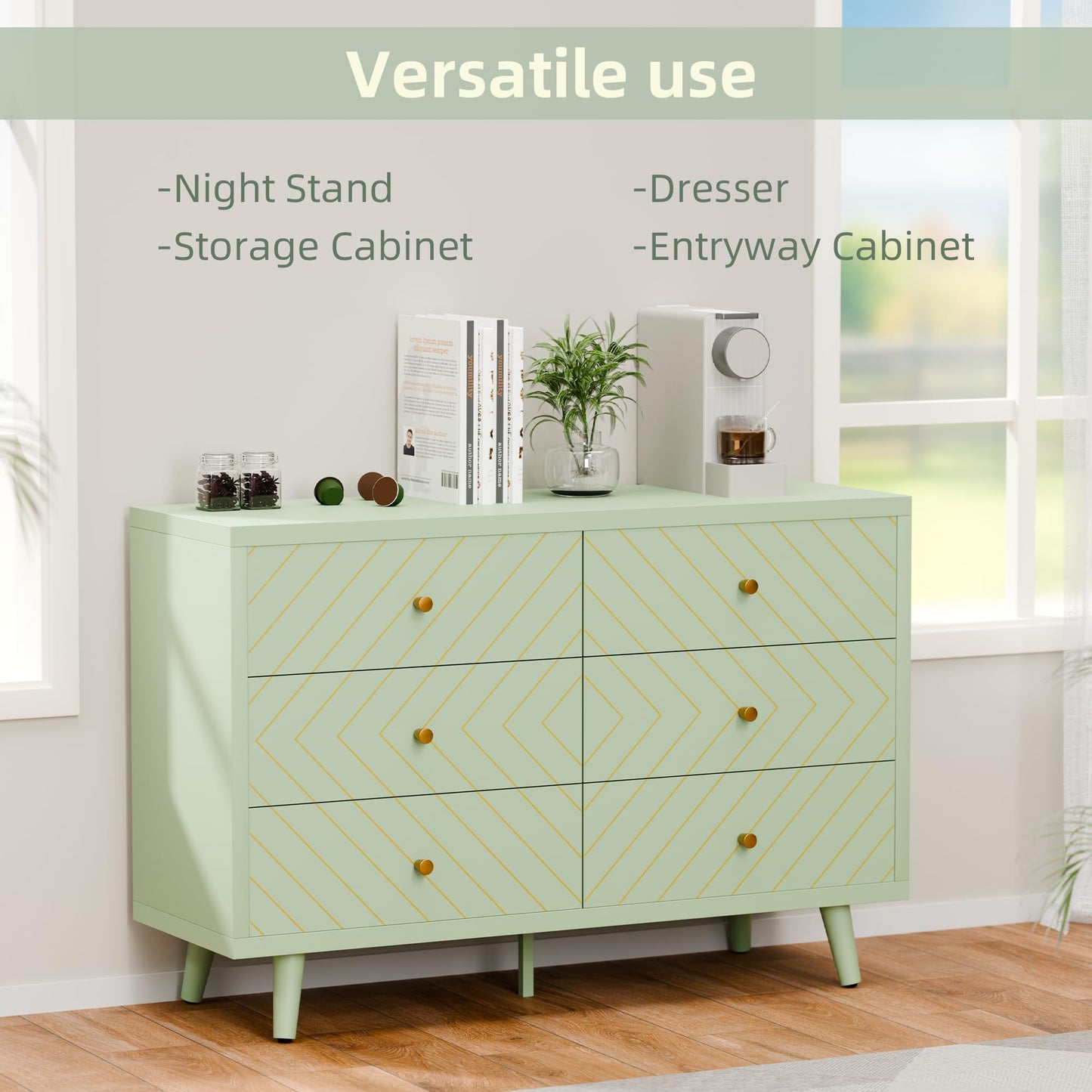 FNCK Green Dresser for Bedroom, 6 Drawer Dresser with Wide Drawer, Wood Dressers & Chests, TV Stand for 50" TV, Modern Storage Cabinet for Dorm, Hallway, Dressers and Nightstand Sets