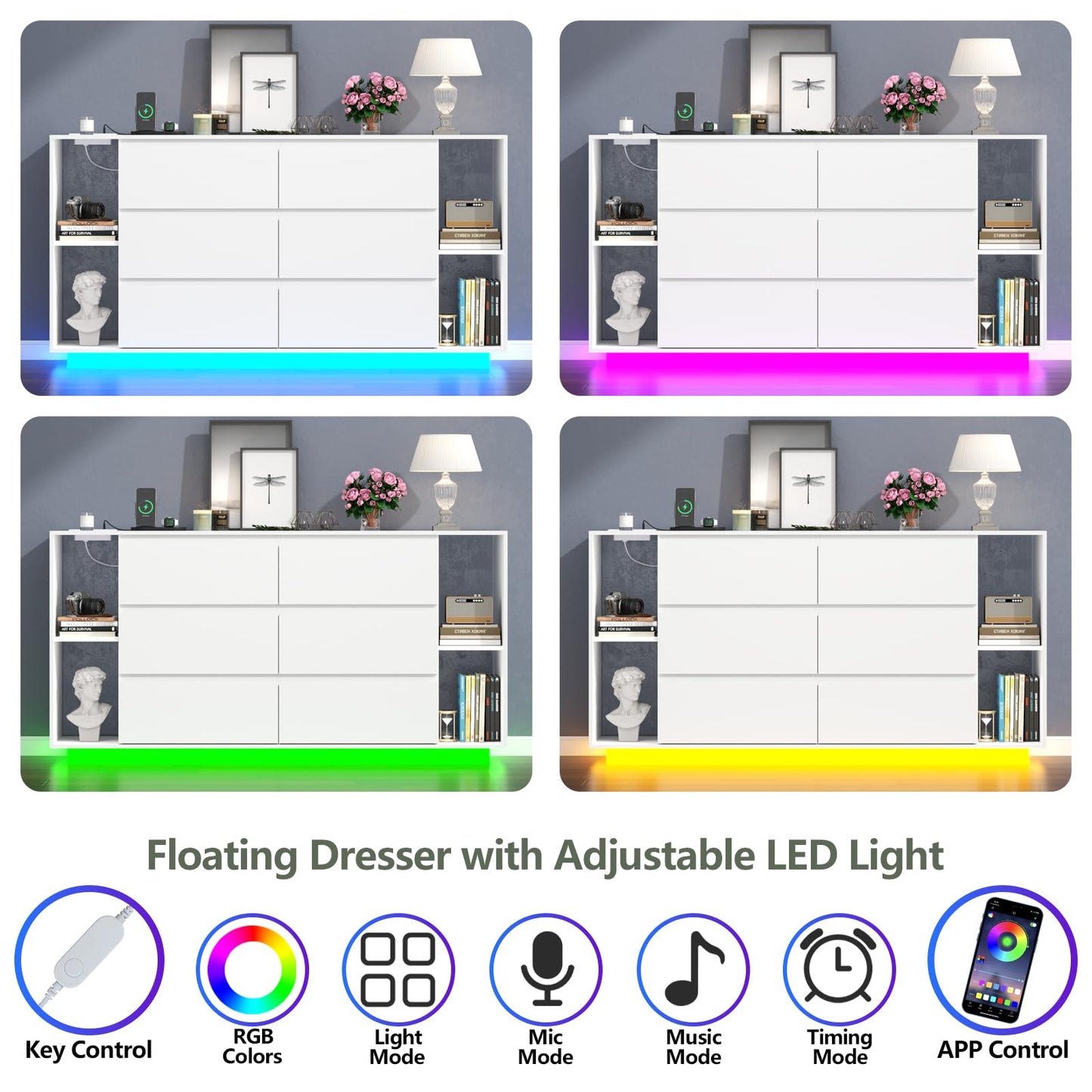 Gyfimioe 6 Drawer Dresser with Power Outlet, Floating White Dresser Chest of Drawer with LED Light,Modern Double Wide Drawer Organizer Cabinet for Bedroom,Living Room (6 Drawer-White)