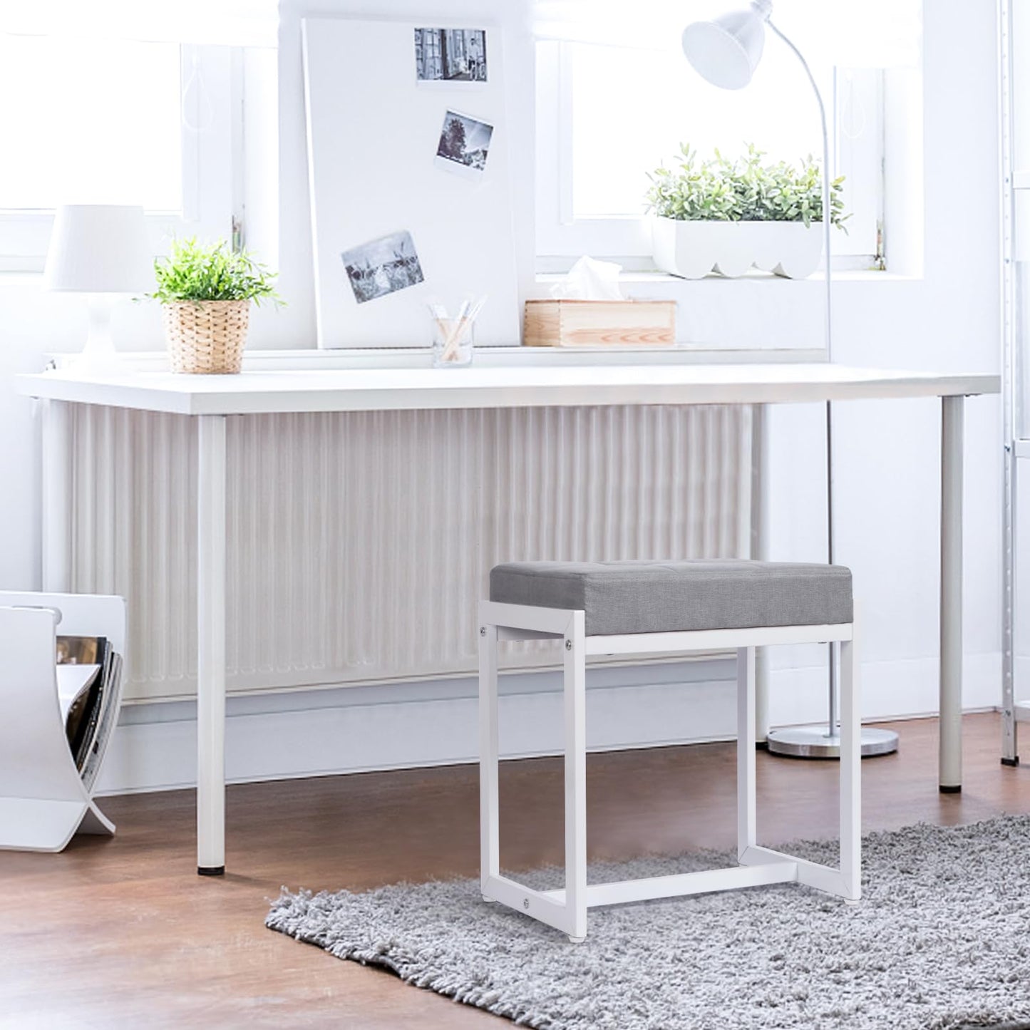 FLYZC Vanity Stool, Vanity Chair Stools for Makeup Room, Square Linen Makeup Stool for Vanity, Modern Padded Small Ottomans Foot Rest for Bedroom Living Room, Grey & White
