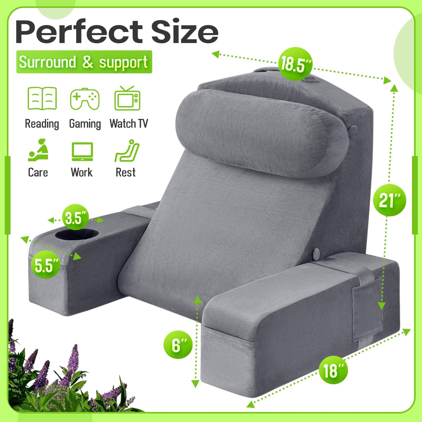 AS AWESLING Reading Pillow for Adults, Back Pillow for Bed Sitting Up, Backrest Pillow for Sitting in Bed, Detachable Arms with Built-in Cup & Phone Caddy (Gray, 21 INCH)