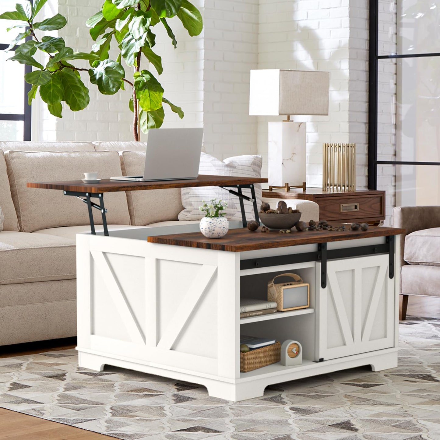 Loftiage 31.5” Lift Top Coffee Table with Hidden Storage, Farmhouse & Modern Square Coffee Table, Space Saving Center Table for Living Room, Home Office, Small Spaces