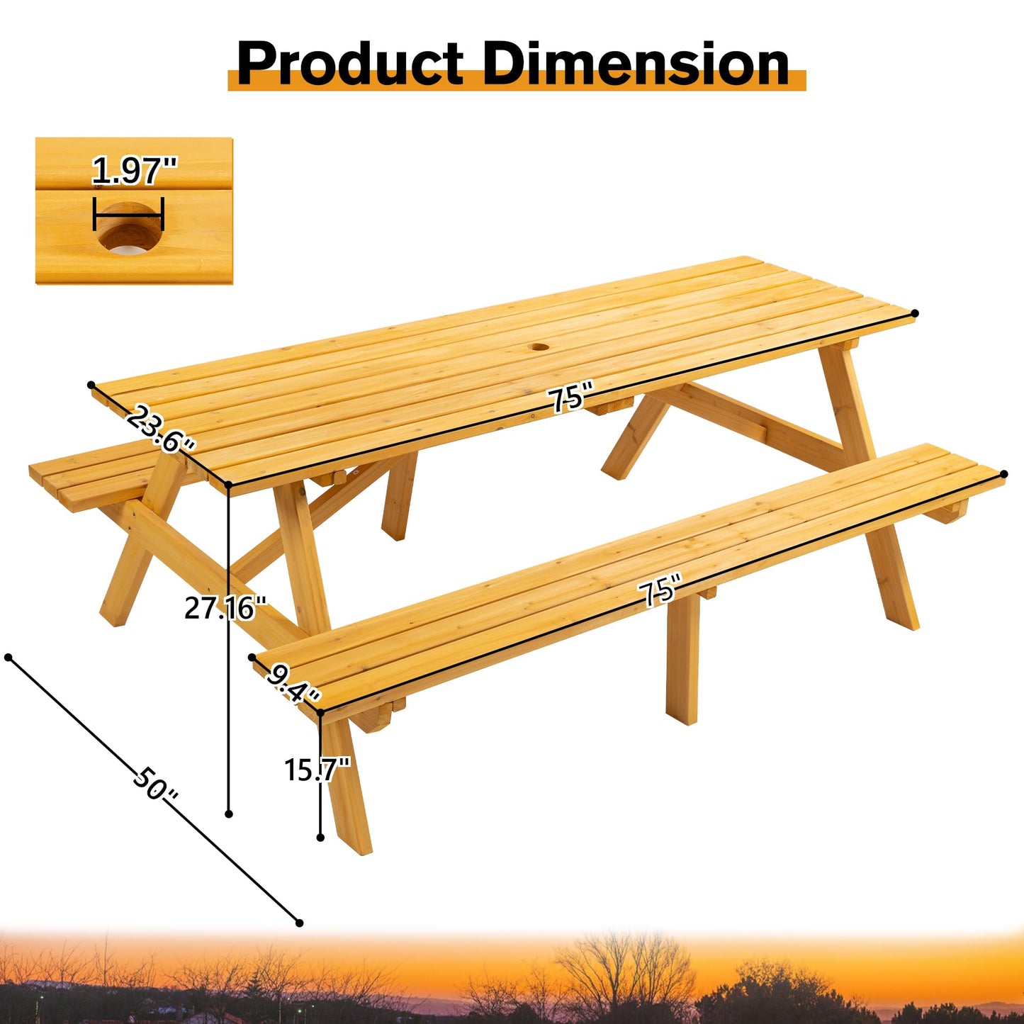 Jaxilyn Outdoor Wooden Picnic Table with Benches Camping Dining Table for Garden Patio Backyard,Natural Color (Natural, Rectangle)