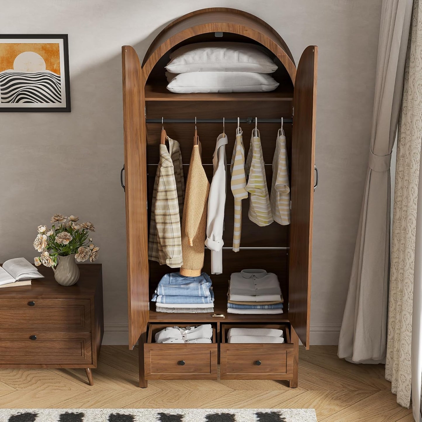 Lxsxlome Wardrobe Closet, Modern Armoire Wardrobe Closet with Drawers and 2 Arched Fluted Doors, 70.87‘’ Tall Wooden Bedroom Armoires with Shelves and Hanging Rod (1, Walnut,17.71''D)